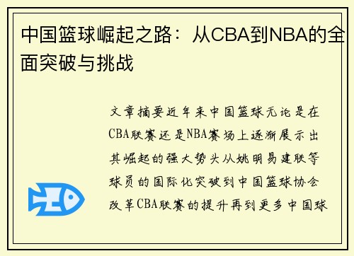 中国篮球崛起之路:从CBA到NBA的全面突破与挑战
