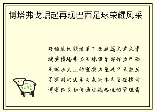 博塔弗戈崛起再现巴西足球荣耀风采